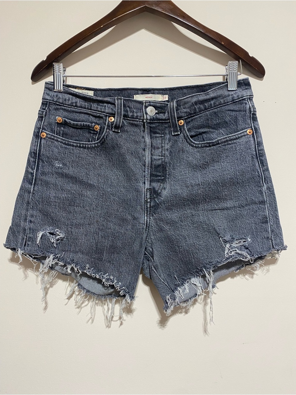 Levi’s Wedgie Denim Jean Shorts Black Big E Premium Button Fly Raw Edge Size 27